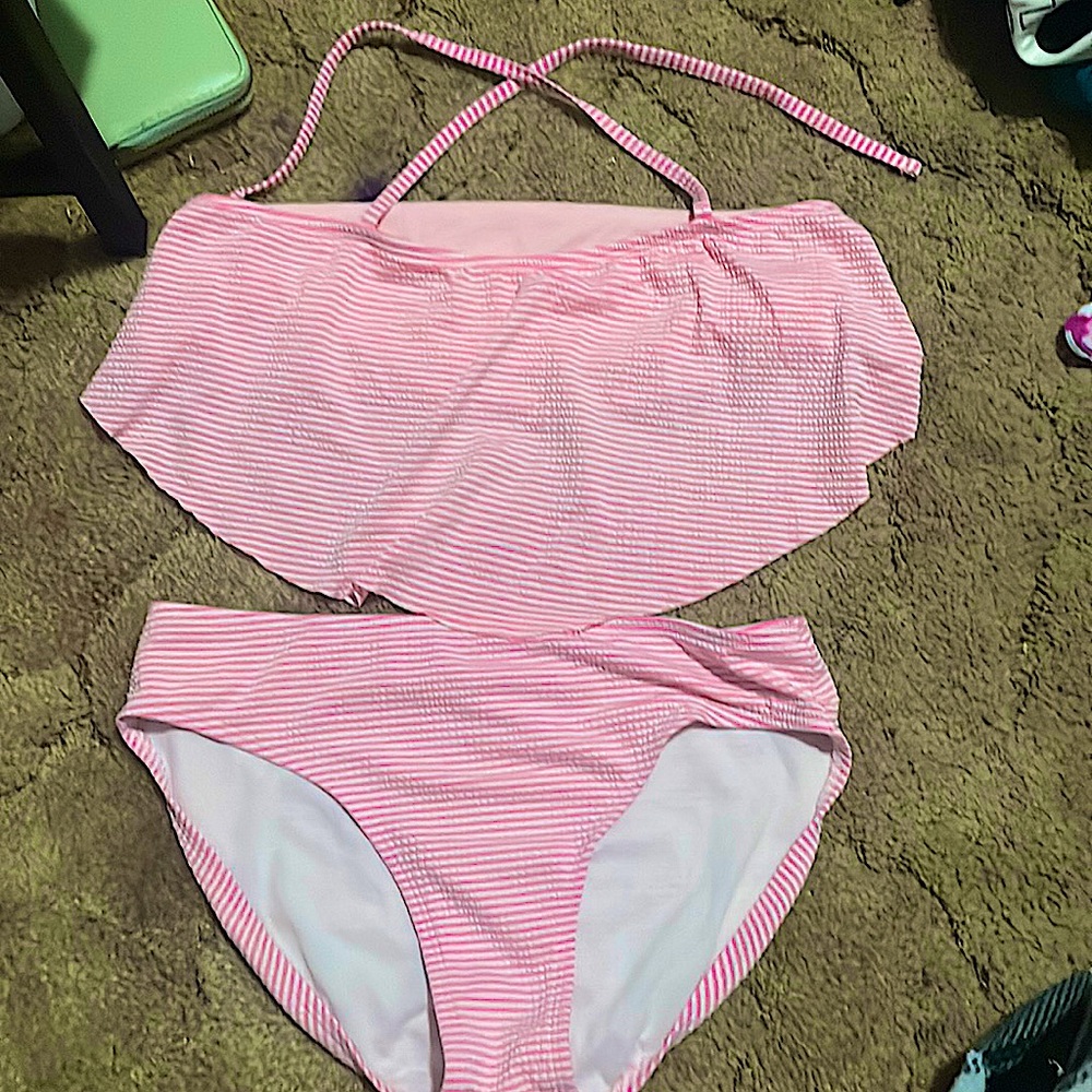 pink and white striped cat and jack bikini. Size XL